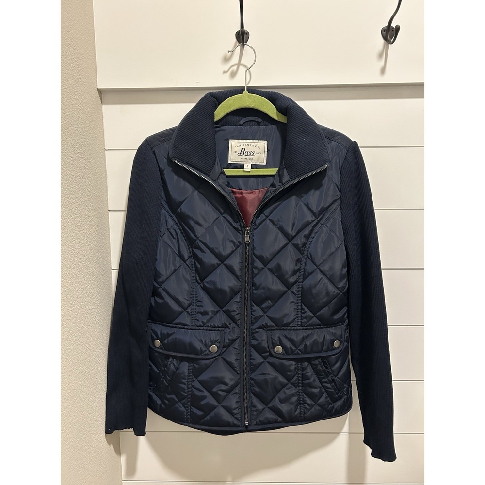 GH Bass Women's Barn Jacket Chore Coat‎ Navy  Wine Rib Sleeves SzS MadeUSA NWOT